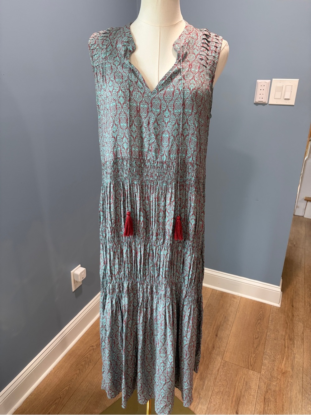Mystree Boho Paisley Tiered Maxi Dress Turquoise Burgundy Tassel Tie Large